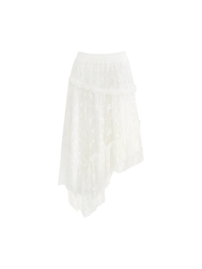 Ethereal Elegance Set: Off-shoulder Poetic Print Crop Top & Asymmetric Lace Midi Skirt