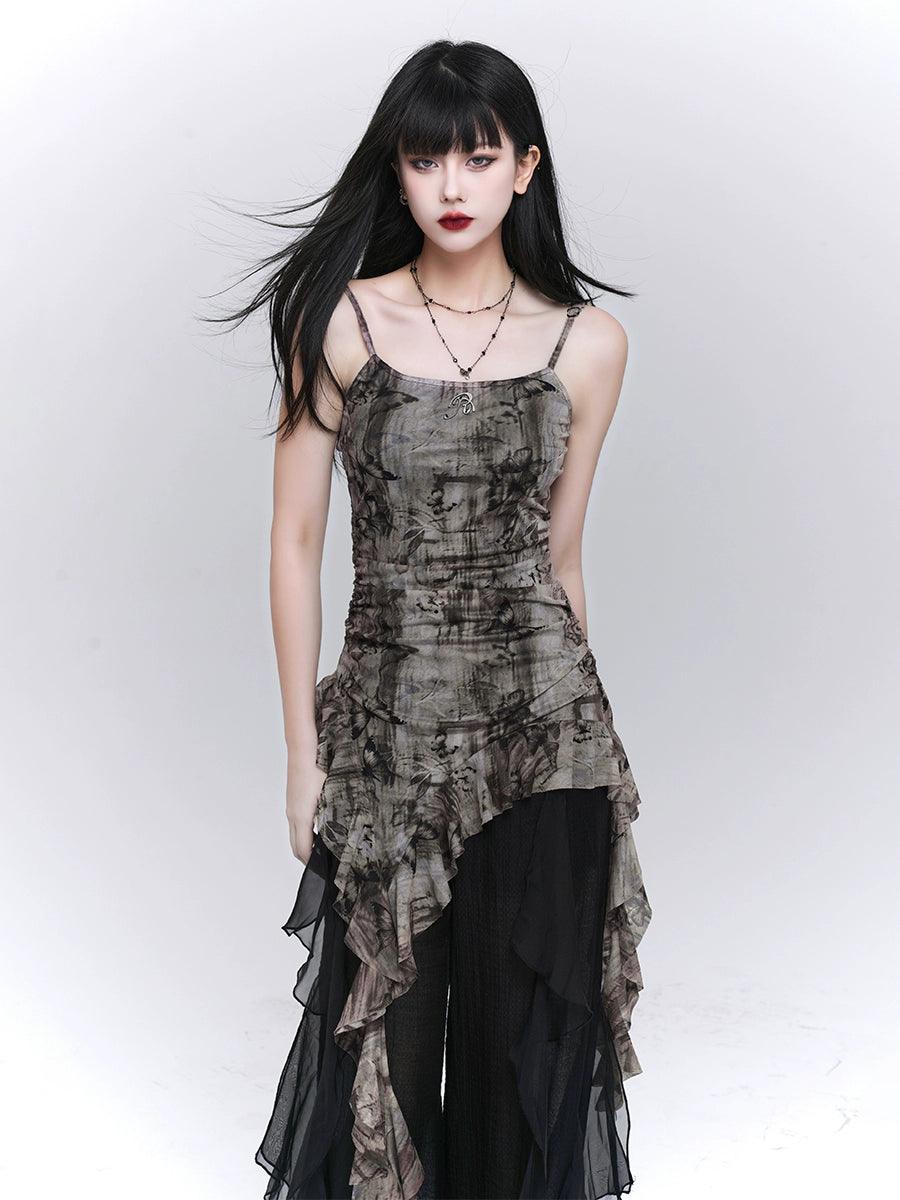 Ladyghost Grunge Fairy Asymmetrical Cami Dress - Tie-dye Ruched Mini Dress With Ruffle Hem
