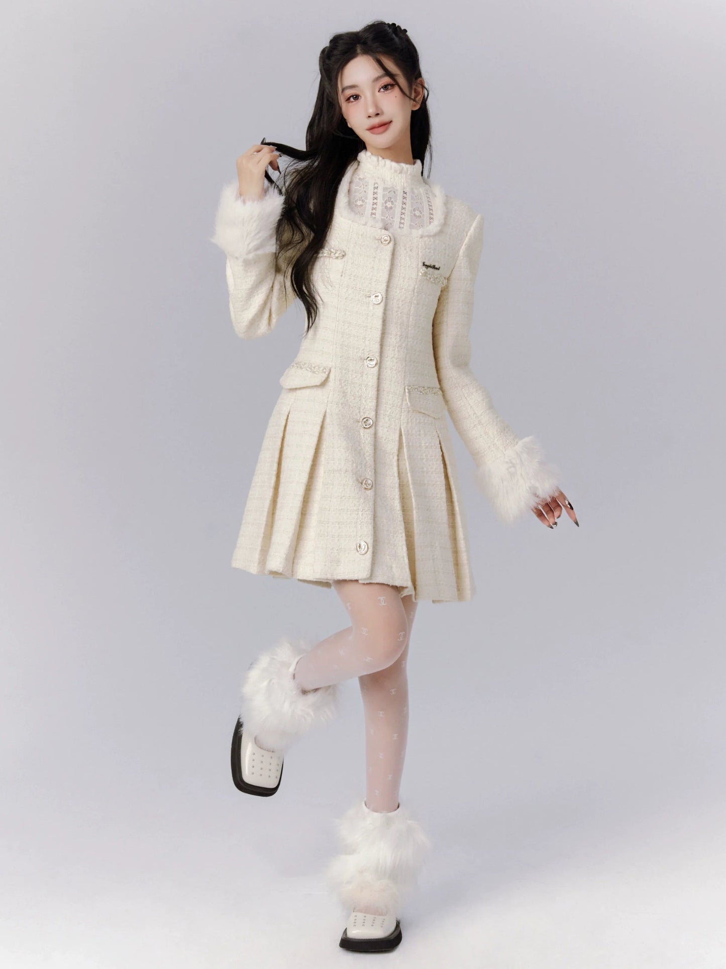 Ivory Tweed Coat Dress With Fur-trimmed Cuffs