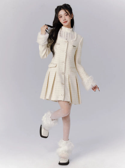 Ivory Tweed Coat Dress With Fur-trimmed Cuffs