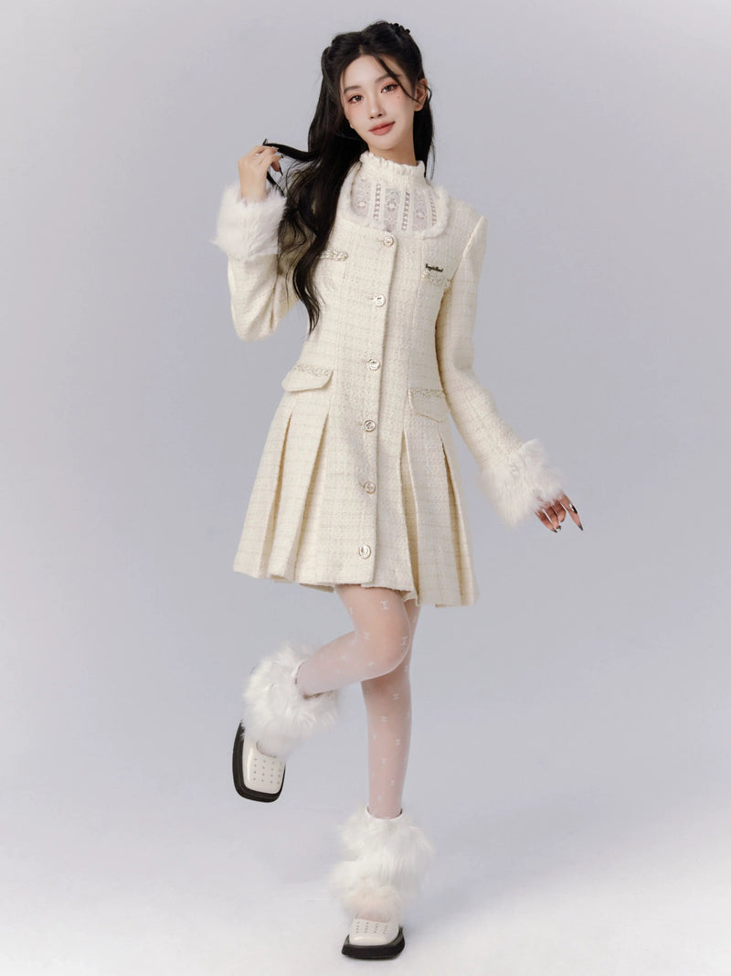 Ivory Tweed Coat Dress With Fur-trimmed Cuffs