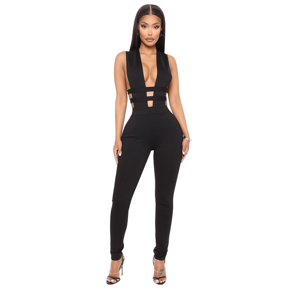 Autumn Winter Clothing Hollowed Out Stitching V Neck Sleeveless Tight Jumpsuit