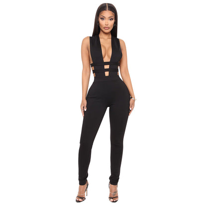 Autumn Winter Clothing Hollowed Out Stitching V Neck Sleeveless Tight Jumpsuit