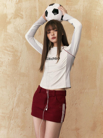 Ezek Long Sleeve Crop Top - Athletic Colorblock T-shirt With Logo Print and Ringer Neckline