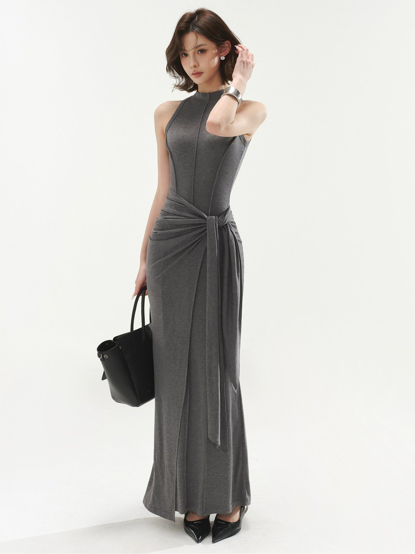 Sleeveless Mock Neck Maxi Dress With Tie Waist