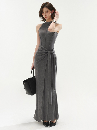 Sleeveless Mock Neck Maxi Dress With Tie Waist
