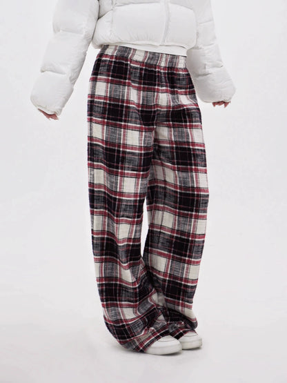 Red Plaid Wide-leg Floor-length Pants