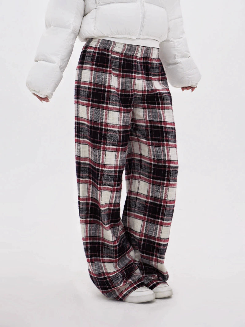 Red Plaid Wide-leg Floor-length Pants