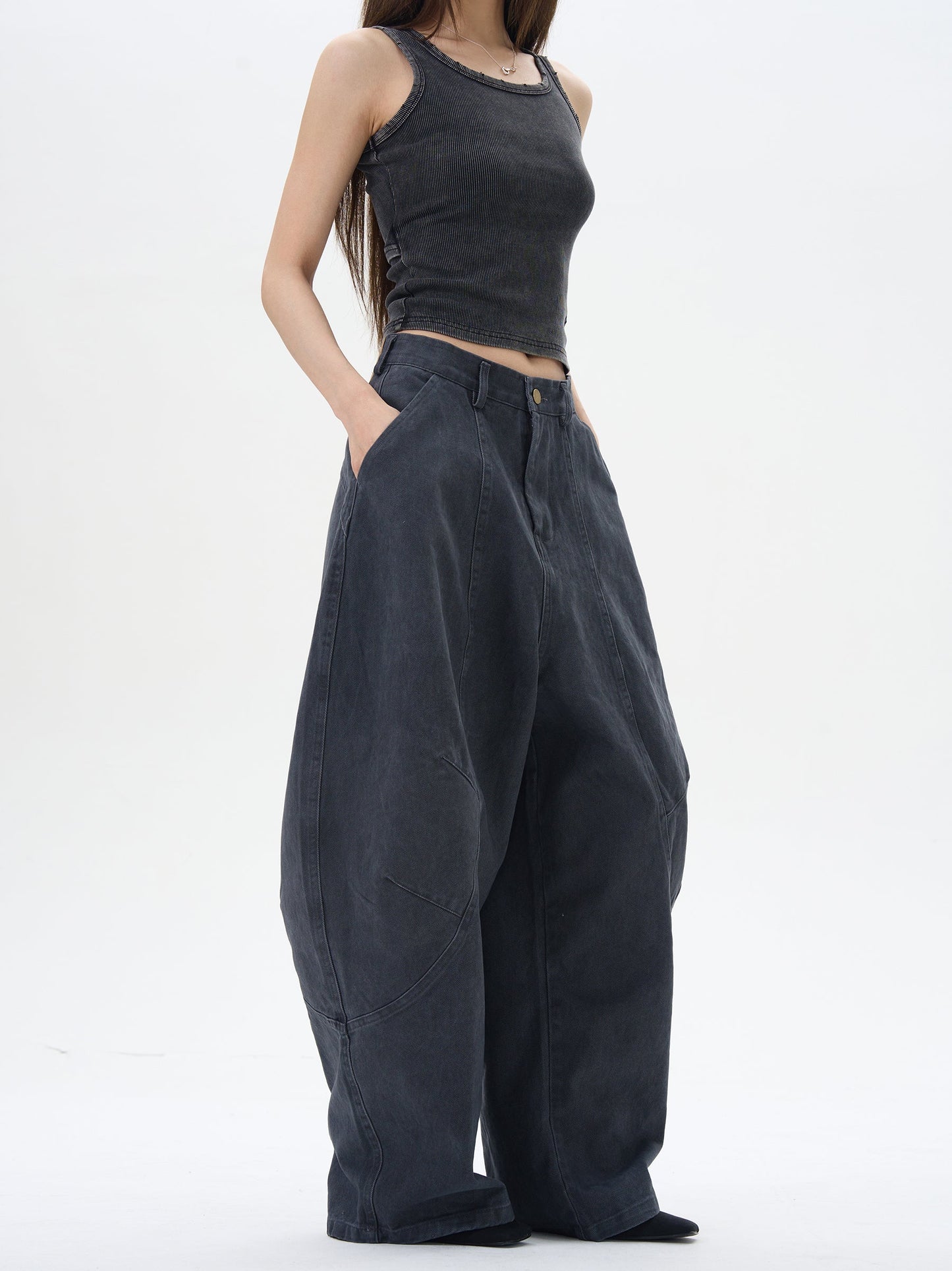 Wide Leg Pleated Dark Denim Pants