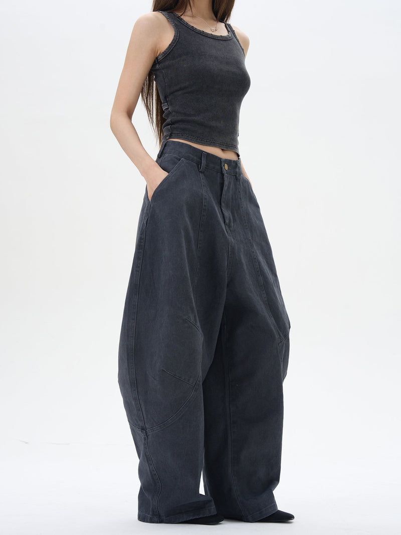 Wide Leg Pleated Dark Denim Pants