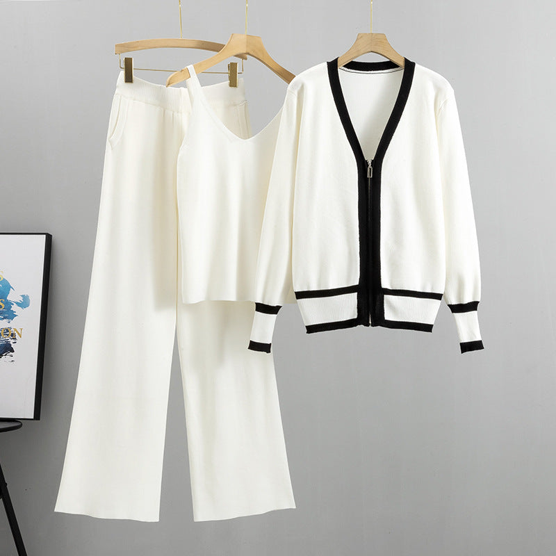 Spring Autumn Clothing Suit Tide Knitted Cardigan Sling Wide Leg Pants Three Piece Suit Suit