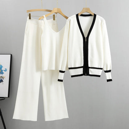 Spring Autumn Clothing Suit Tide Knitted Cardigan Sling Wide Leg Pants Three Piece Suit Suit