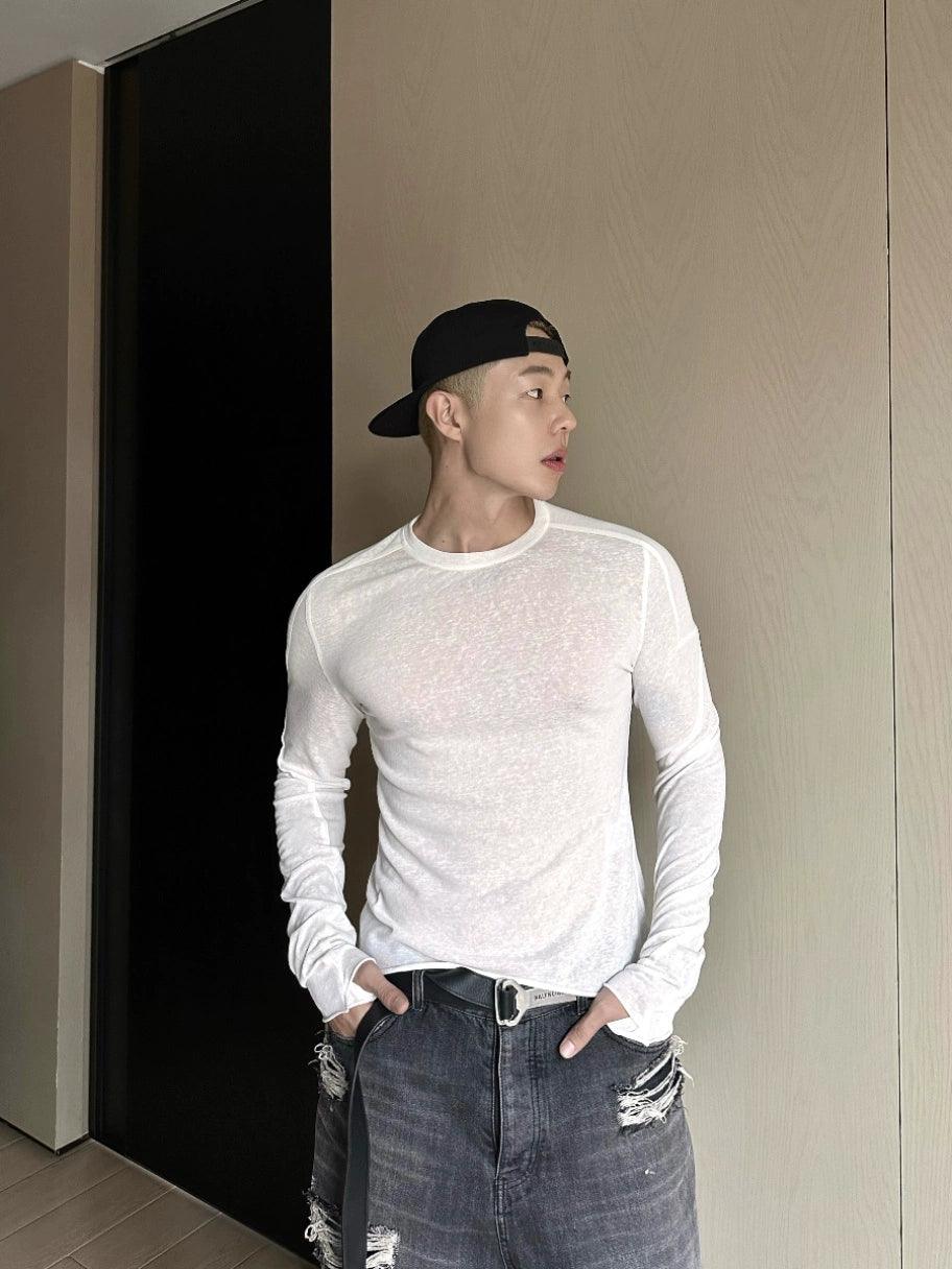 Weave Studio White Long Sleeve Slim Fit T-shirt - Lightweight Crew Neck Cotton Tee