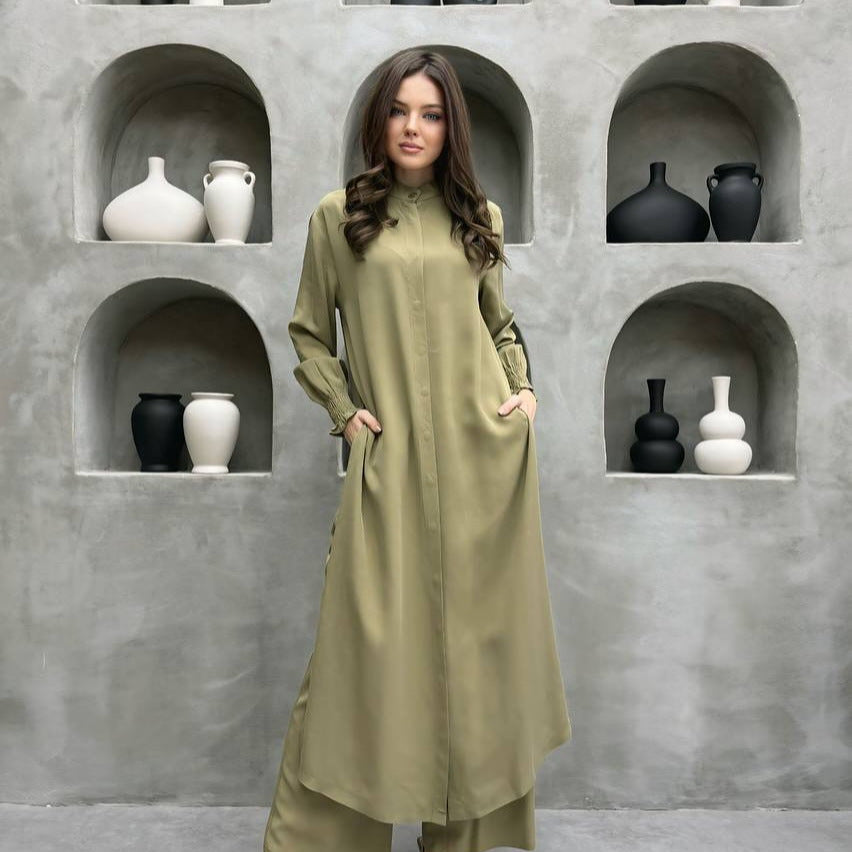 Clothing Multi Button Long Sleeve Split Stand Collar Shirt Straight Pants Two Piece Set