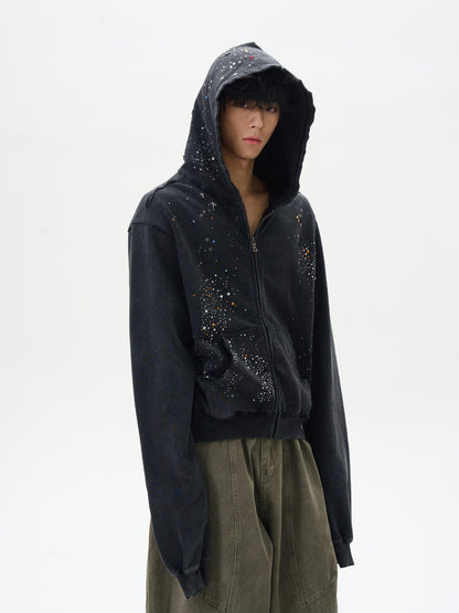 Black Distressed Zip-up Hooded Sweatshirt