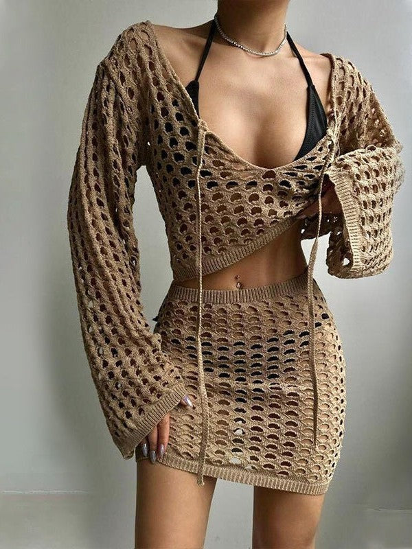 Beach Knitted Stand Up Collar Bikini Swimsuit Blouse Skirt Coord Set