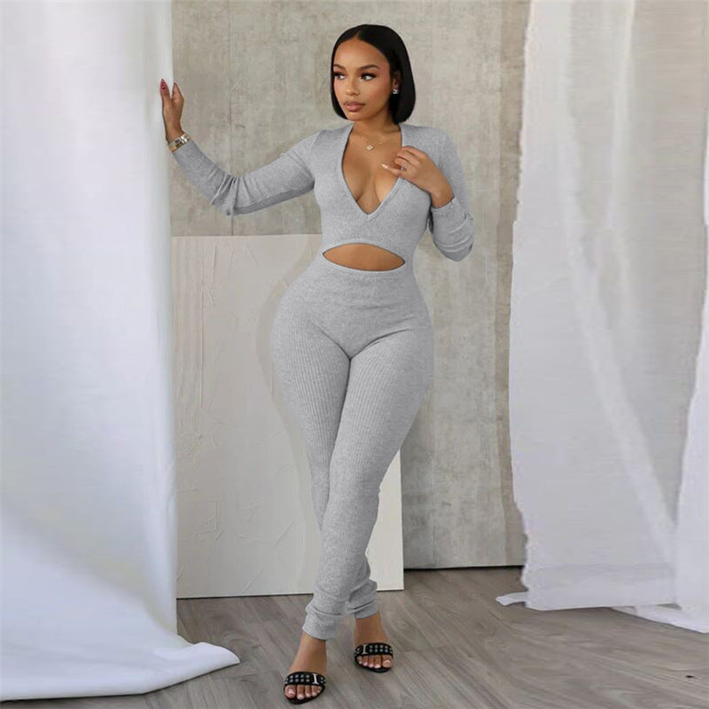 Autumn Winter Deep V Plunge Neck Cropped Tight Long Sleeve Color Sports Jumpsuit