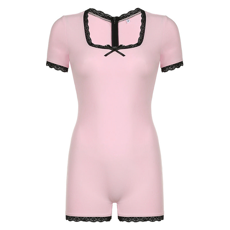 Summer Bow Contrast Color Lace Stitching Square Collar Girl Tight Jumpsuit Shorts