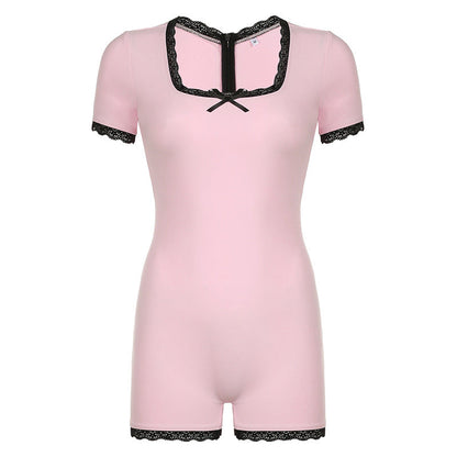 Summer Bow Contrast Color Lace Stitching Square Collar Girl Tight Jumpsuit Shorts