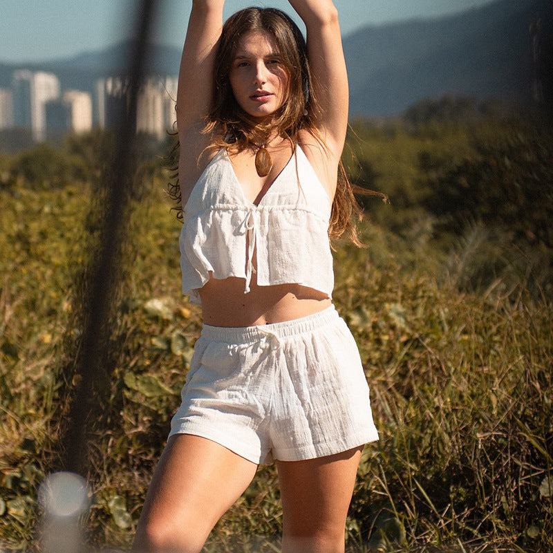 Clothing Shorts Two Piece Sling Cotton Linen Texture Lace Up Color Loose Vacation Set