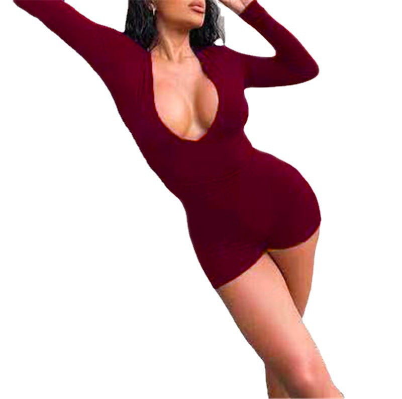 Autumn Low Cut Color Slim Fit Backless Drawstring Strap Romper