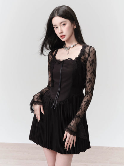 Black Pleated Mini Dress With Structured Bodice