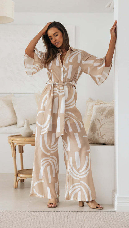 Printing Collared Five Quarter Sleeve Belt Long Jumpsuit
