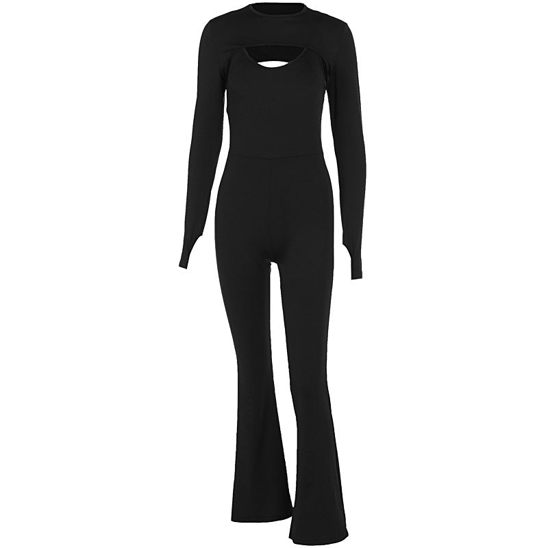 Spring Color Long Sleeve Tight Braces Hip Lifting Jumpsuit Two Piece Set