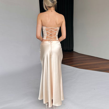 Summer Satin Maxi Dress Tube Top Color Backless Lace Up Skirt Set
