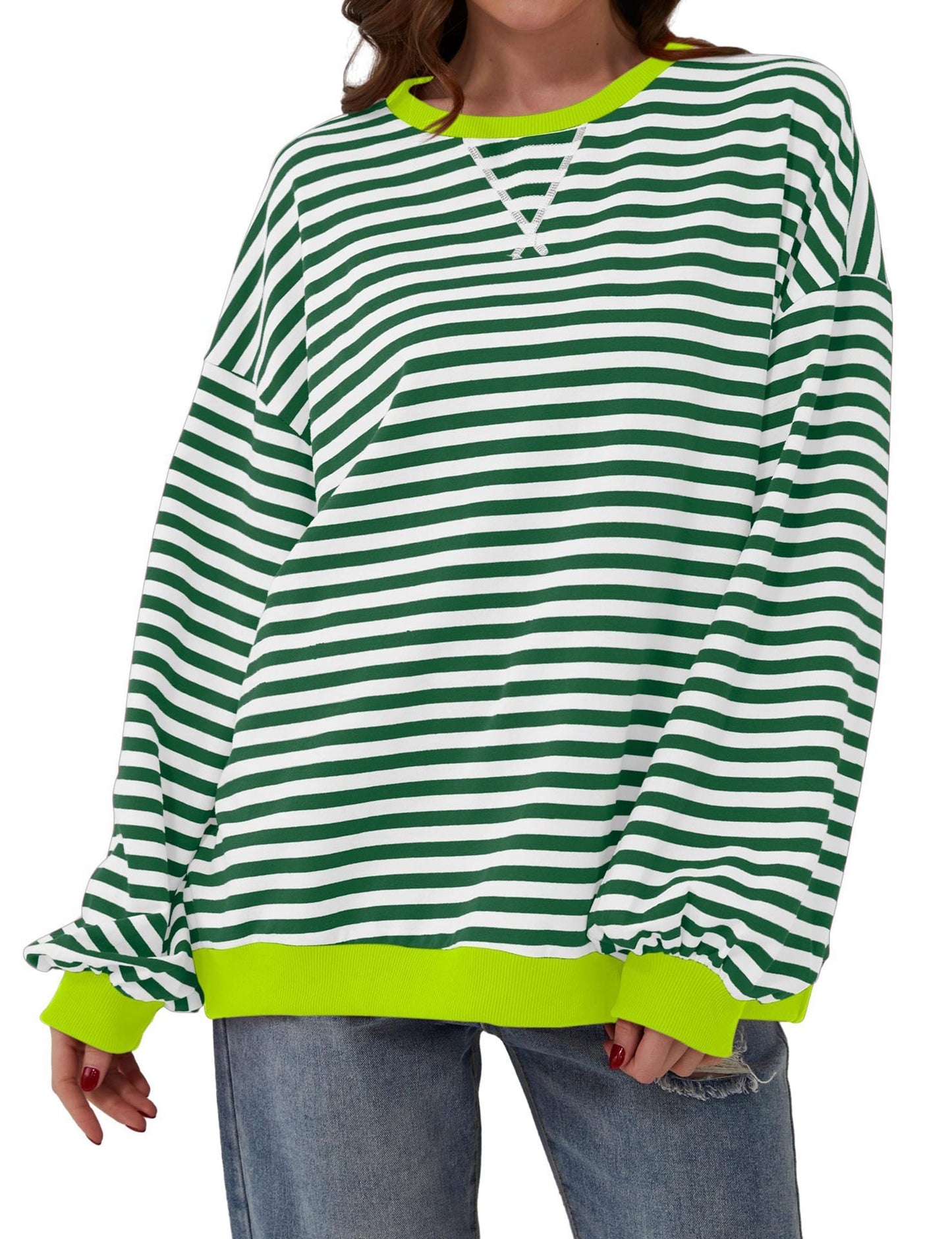 Striped Round Neck Loose Long-sleeved Sweatshirt