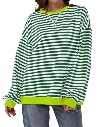 Striped Round Neck Loose Long-sleeved Sweatshirt