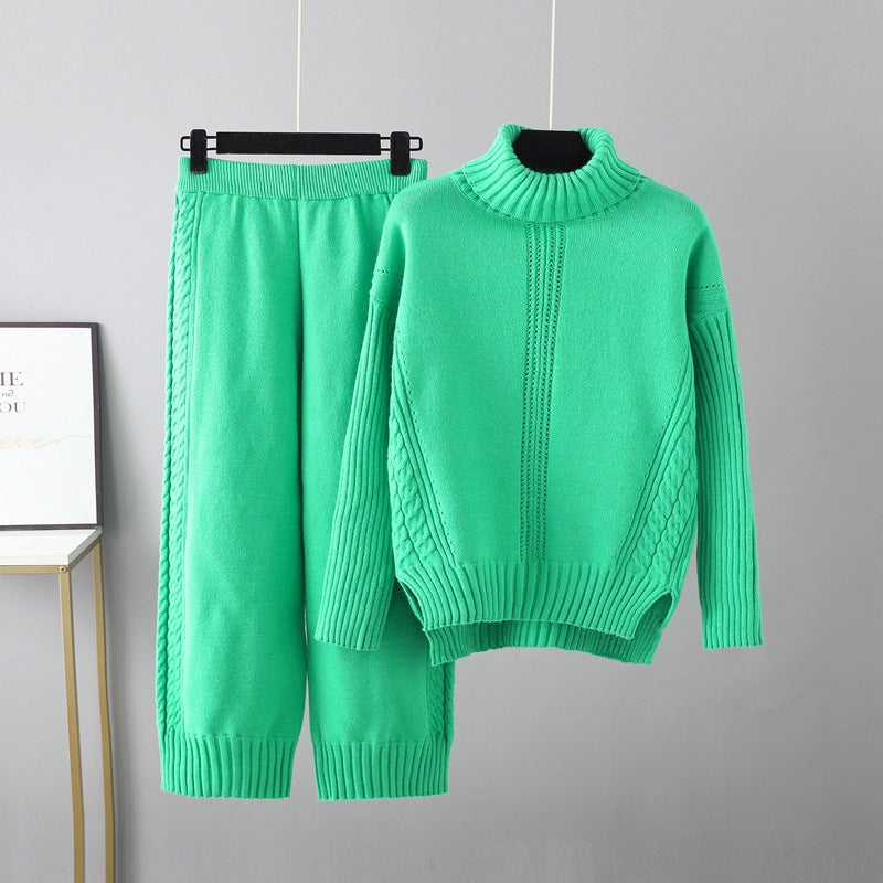 Turtleneck Pullover Thickened Knitting Sweater Set Autumn Winter Loose Idle Wide Leg Pants Two Piece Set