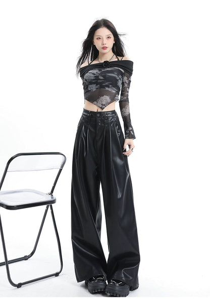 Coffee Wide-leg Pu Leather Pants