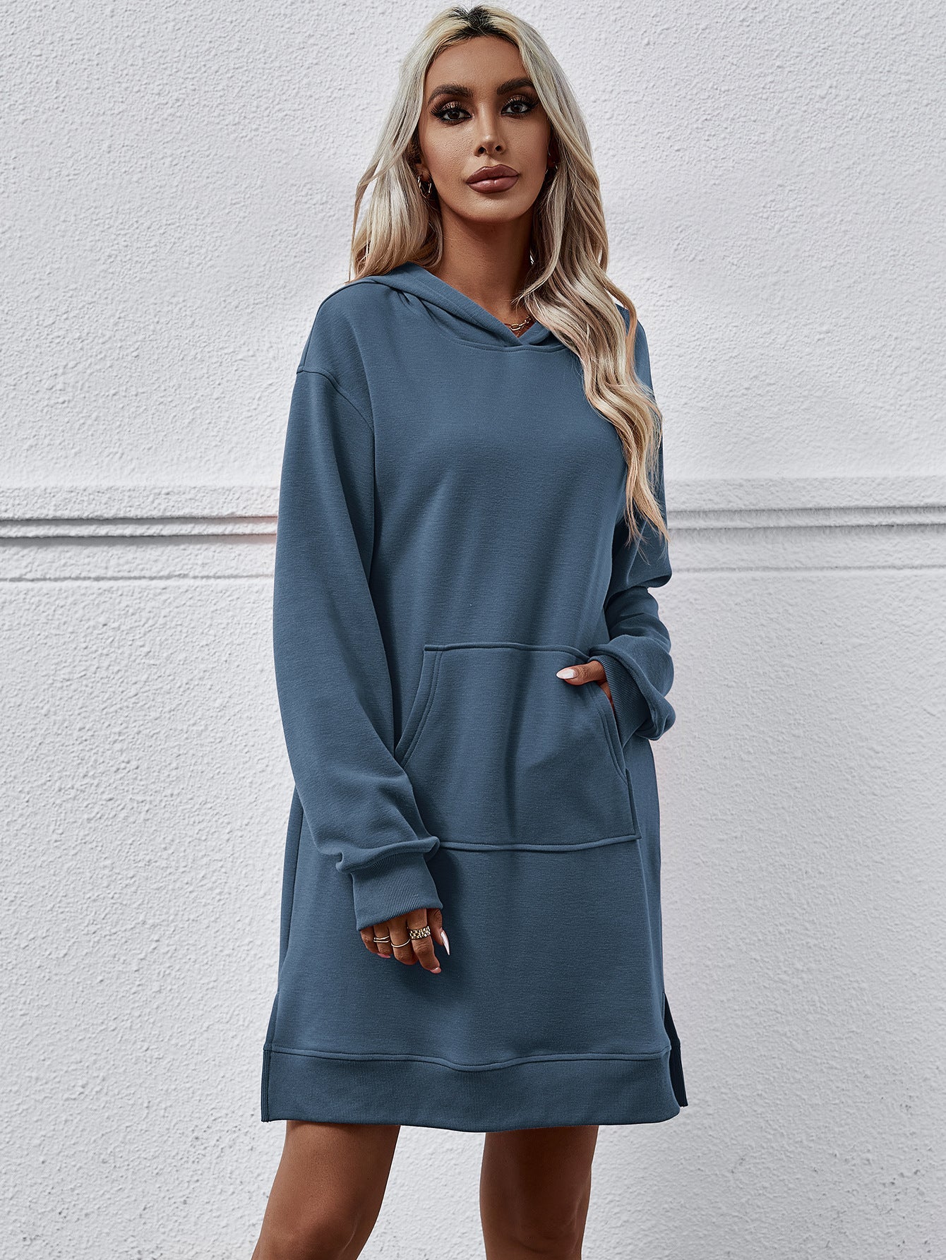 Autumn Winter Clothing Hooded Long Sleeve Kangaroo Pocket Split Long Sweater Dress