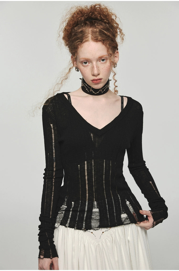 Hollow-out V-neck Thin Cardigan With Distressed Waist Knit Top