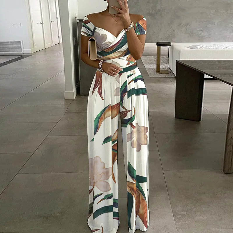 Spring Autumn Clothing Off Shoulder Printing Office Printed Waist Controlled Jumpsuit