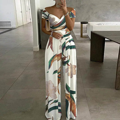 Spring Autumn Clothing Off Shoulder Printing Office Printed Waist Controlled Jumpsuit