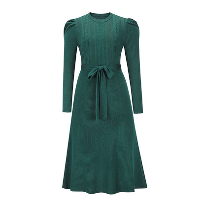 Autumn Winter Bubble Long Sleeve Knitted Dress Mid-length Slimming High Waist Big Swing Dress Base Sweater Dress