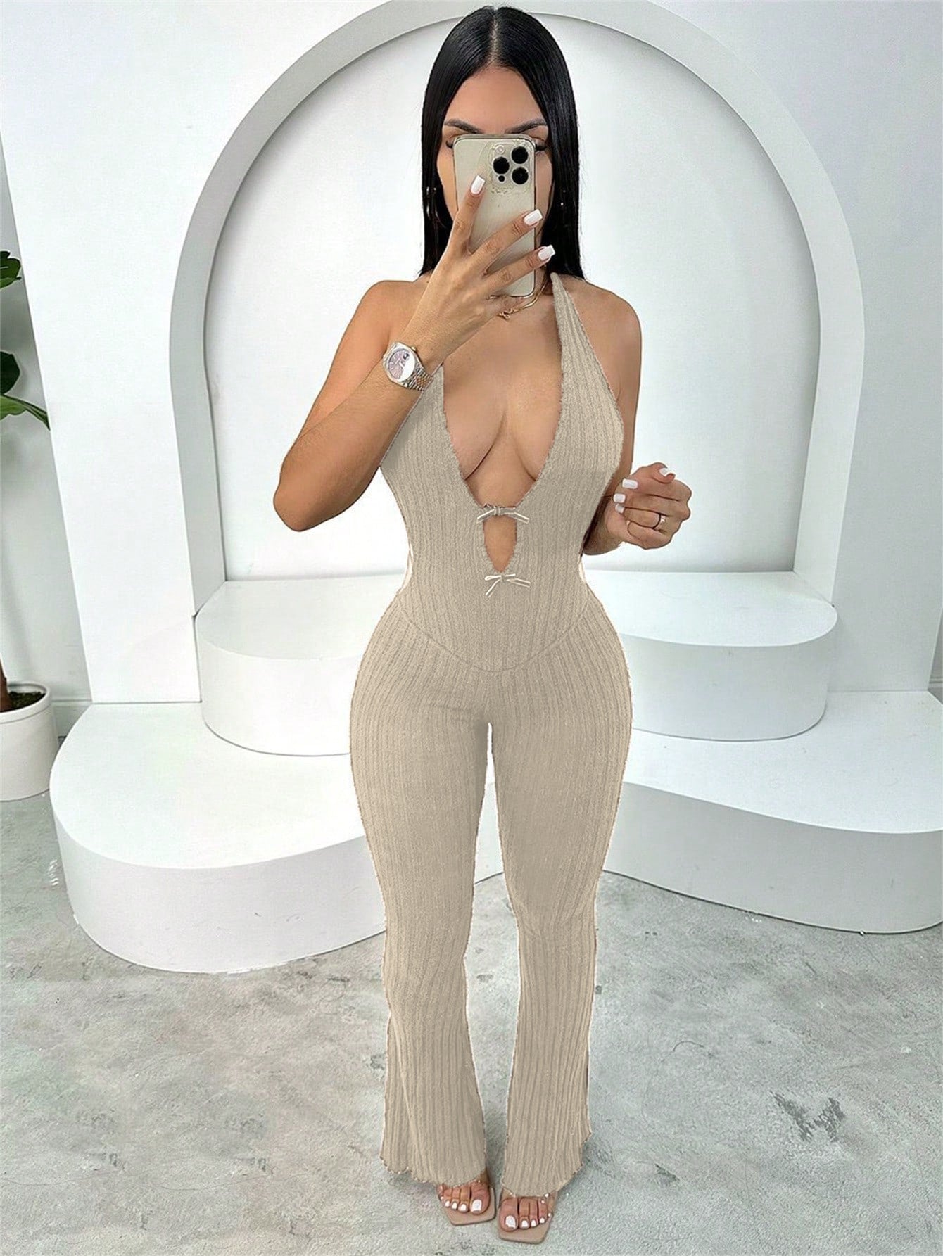 Summer Halter Slim Fit Lace Up Backless Jumpsuit Bell Bottom Pants Jumpsuit
