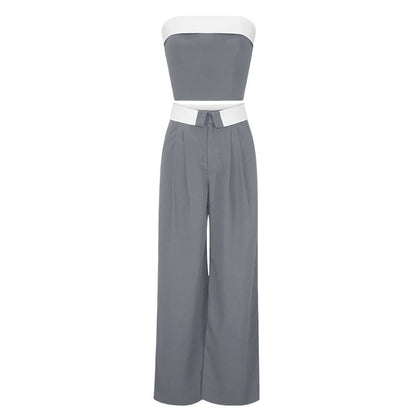 Spring Summer Contrast Color Vest Wide Leg Work Pant Two Piece Suit