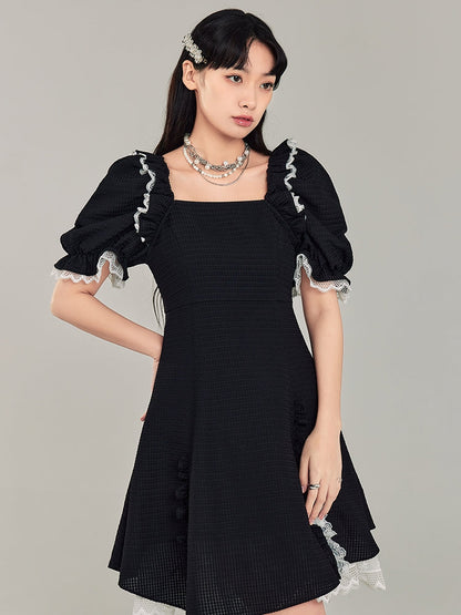 Puff Sleeve Black Square Neck Dress