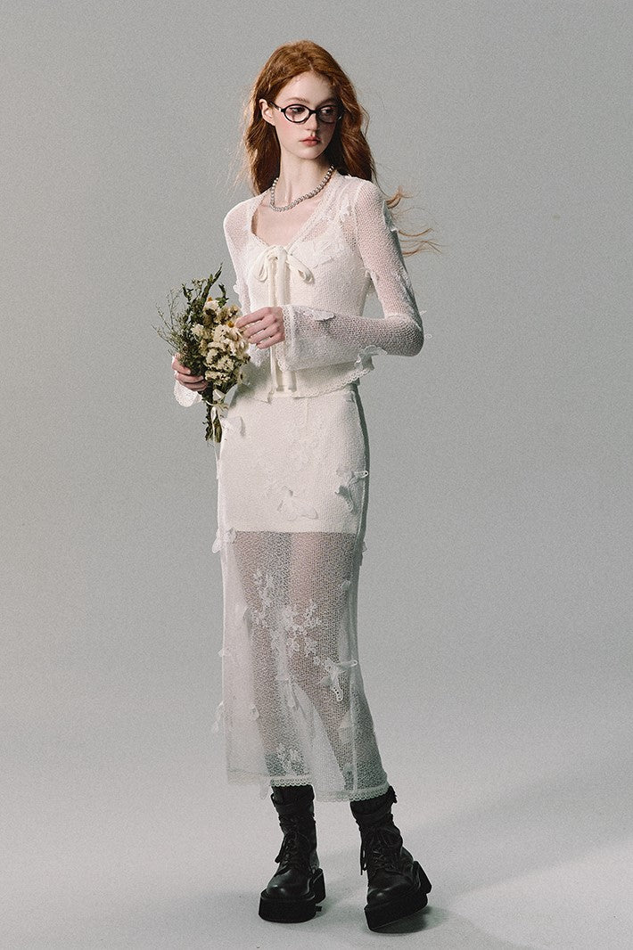 Butterfly Mesh Cardigan/camisole/long Skirt