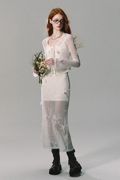 Butterfly Mesh Cardigan/camisole/long Skirt