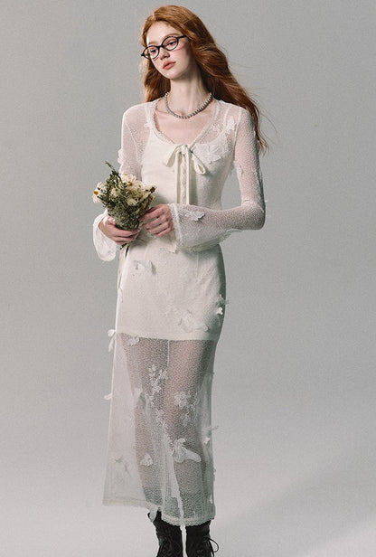 Butterfly Mesh Cardigan/camisole/long Skirt