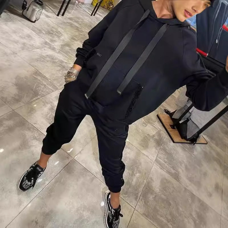 Sequin Pocket Sports Hooded Sweatshirt Sweatpants Suit