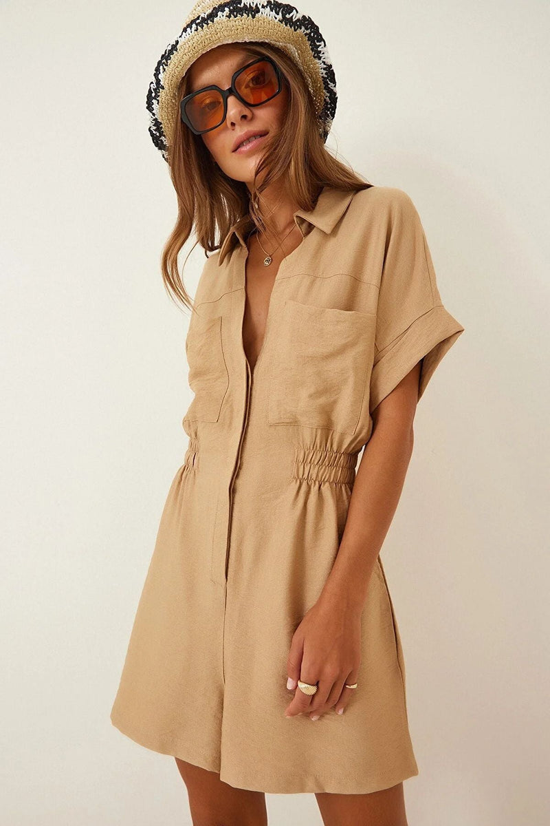 Short Sleeve Waist Controlled Loose Slimming Cotton Linen Wide Leg Shorts