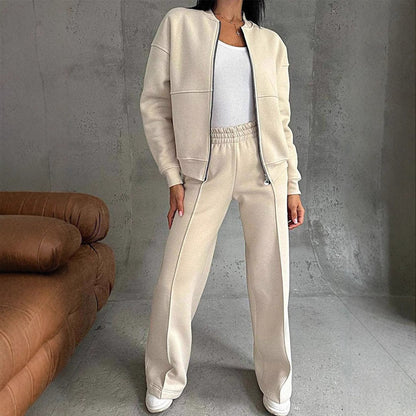 Autumn Winter Zipper Jacket Wide Leg Pants Two Piece Set