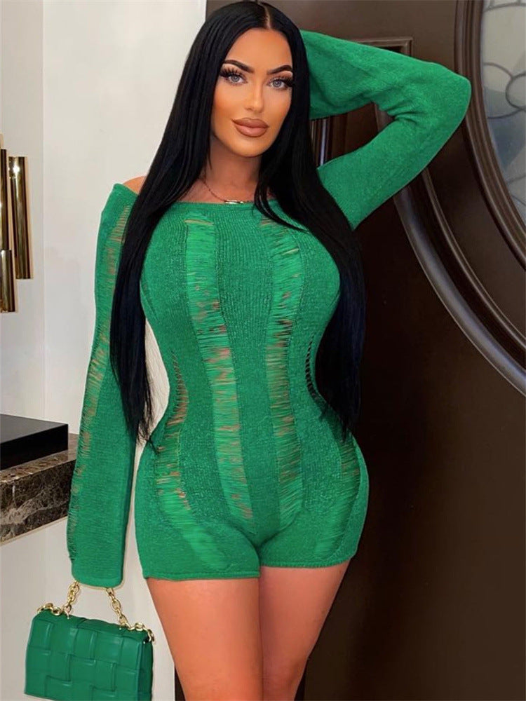 Plaid Short Sleeve Collared Tight Jumpsuit Knitted Short Romper