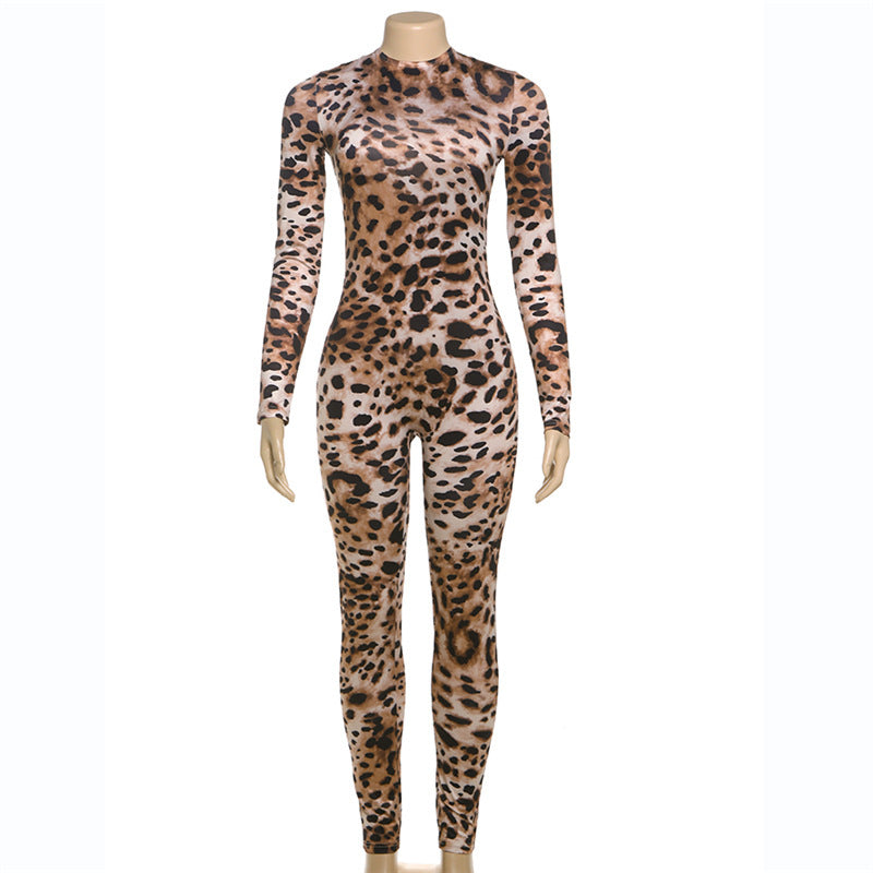 Winter Clothing Round Neck Long Sleeve Contrast Color Animal Leopard Color Tight Jumpsuit
