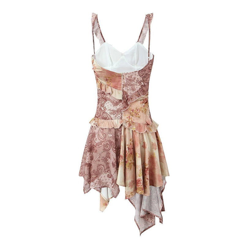 Print Asymmetrical Hem Mini Dress Spaghetti Strap Bodycon